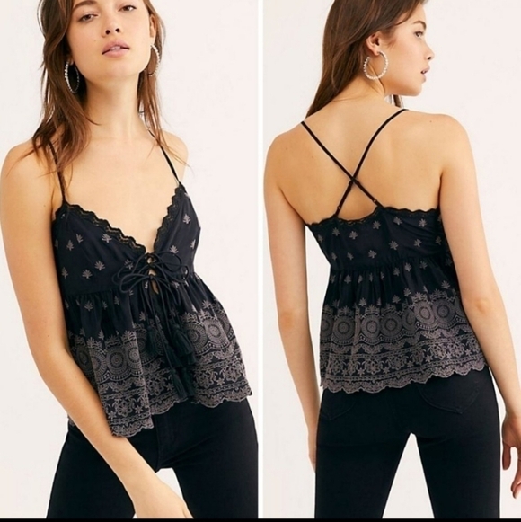 Free People Jenna Embroidered Black Cami Top NWT Size Medium - Picture 3 of 13